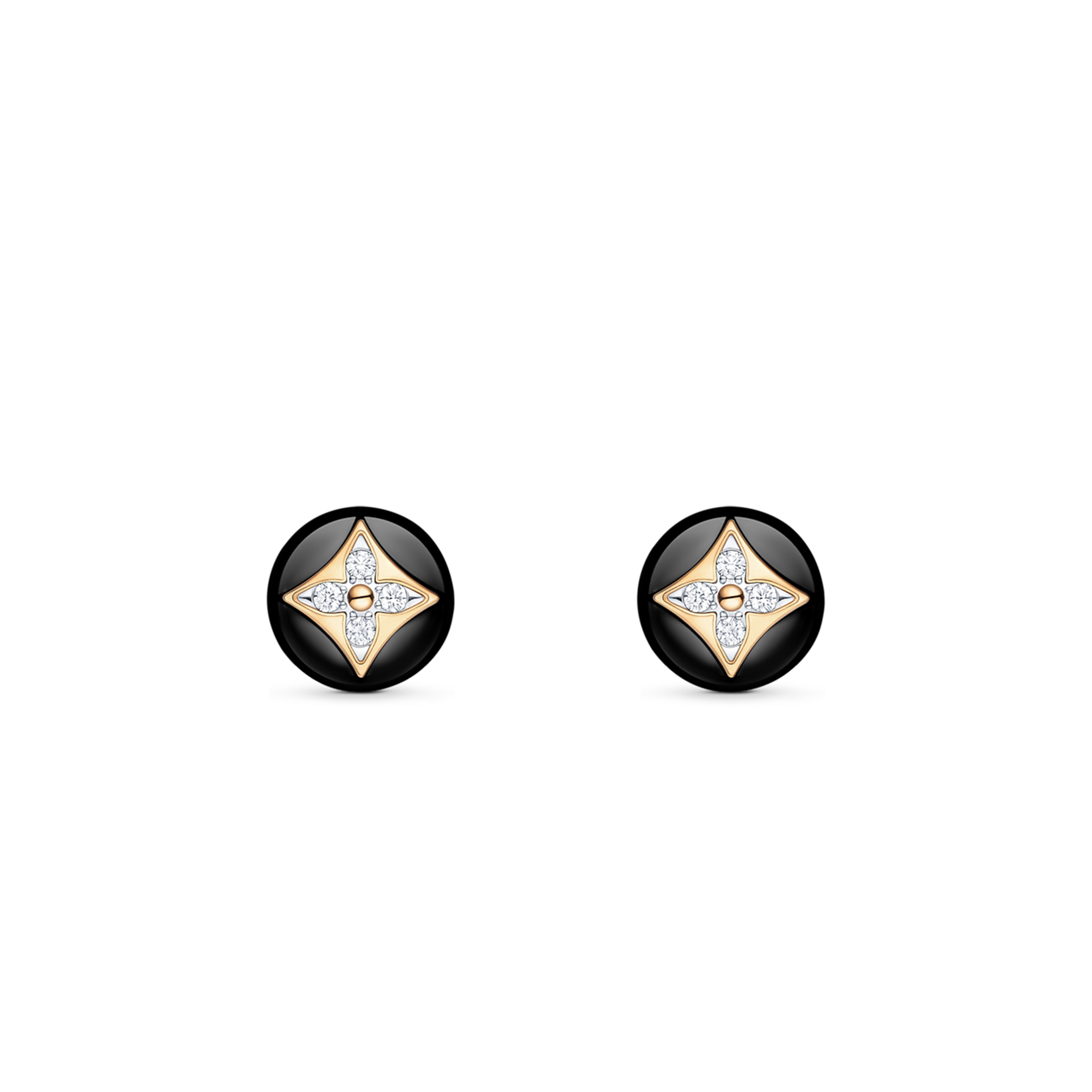 l**is V*t*n color blossom studs, yellow gold, white gold, onyx and diamonds q96990